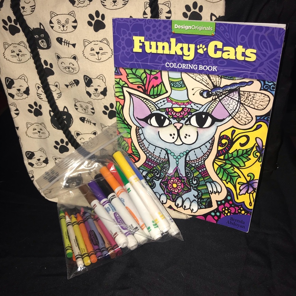Purple and Green Funky Cats Coloring Book, Crayons Markers and Cat Bag